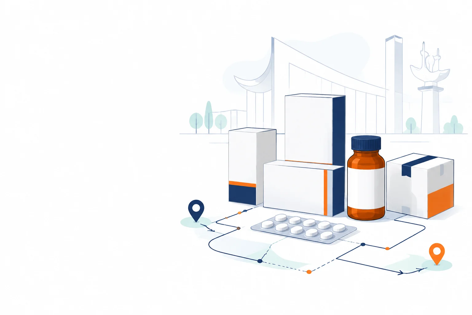 Illustration of medicines moving through a distribution network